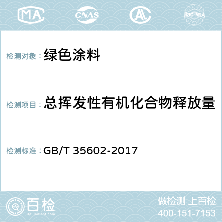 总挥发性有机化合物释放量 《绿色产品评价 涂料》 GB/T 35602-2017 附录B.4