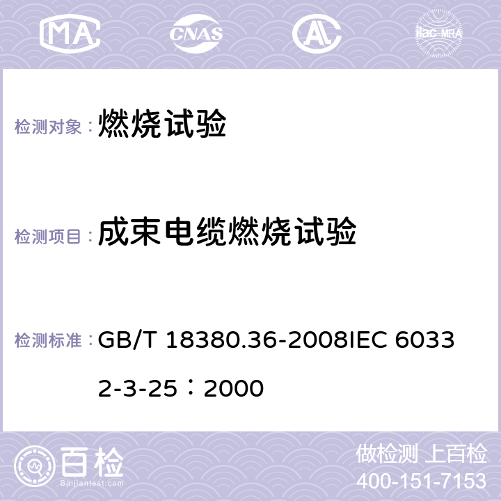 成束电缆燃烧试验 《电缆和光缆在火焰条件下的燃烧试验 第36部分：垂直安装的成束电线电缆火焰垂直蔓延试验 D类》 GB/T 18380.36-2008
IEC 60332-3-25：2000