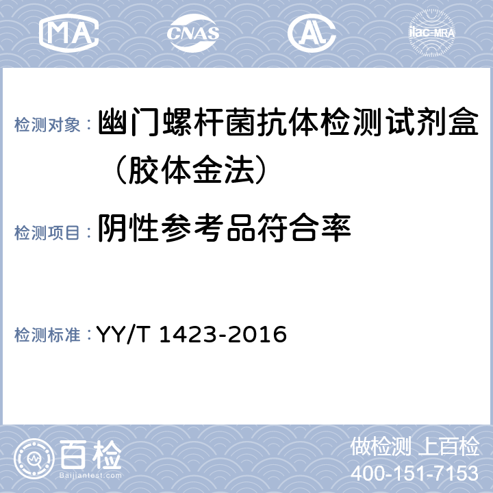 阴性参考品符合率 幽门螺杆菌抗体检测试剂盒（胶体金法） YY/T 1423-2016 3.3