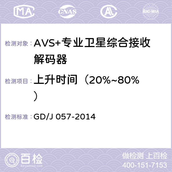 上升时间（20%~80%） AVS+专业卫星综合接收解码器技术要求和测量方法 GD/J 057-2014 5.6,5.7,5.8