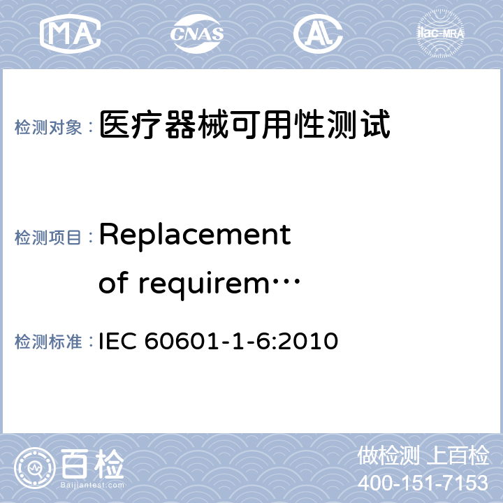 Replacement of requirement given in IEC 62366 IEC 60601-1-6-2010 医用电气设备 第1-6部分:基本安全和基本性能通用要求 并列标准:适用性