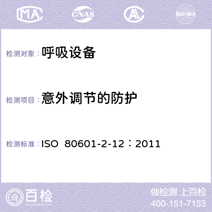 意外调节的防护 重症护理呼吸机的基本安全和基本性能专用要求 ISO 80601-2-12：2011 201.12.101