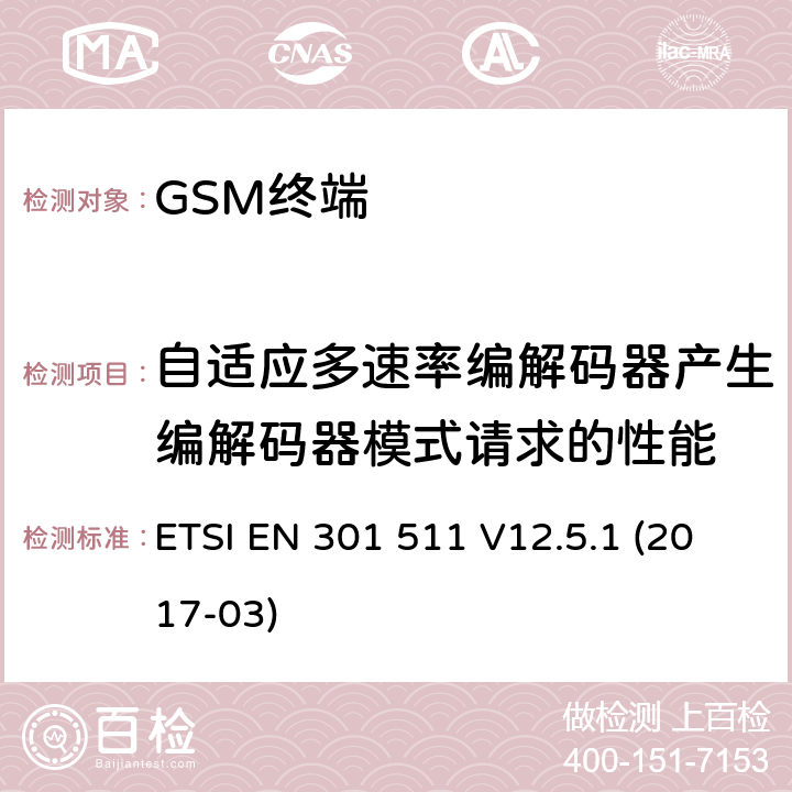 自适应多速率编解码器产生编解码器模式请求的性能 ETSI EN 301 511 全球移动通信系统（GSM）；移动台（MS）设备；协调标准覆盖2014/53/EU指令条款3.2章的基本要求  V12.5.1 (2017-03) 4.2/ 5.3