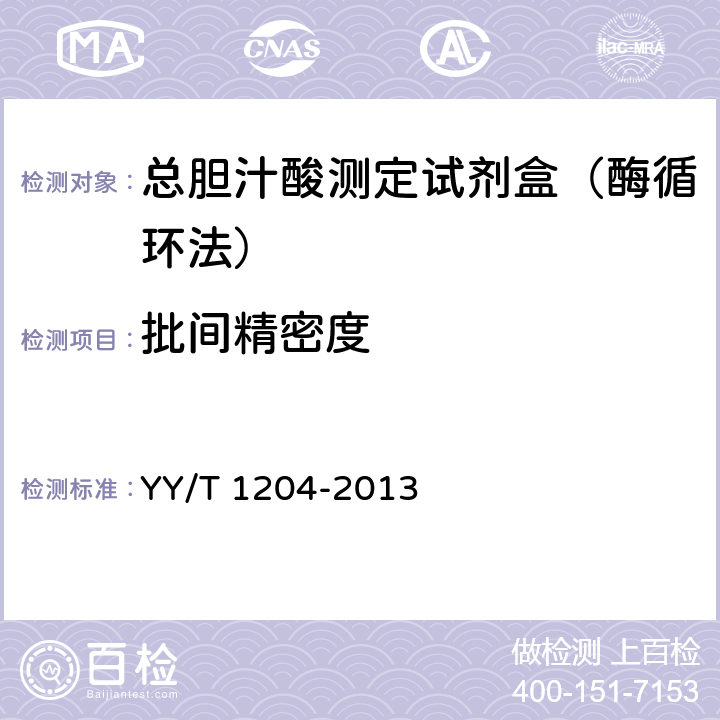 批间精密度 总胆汁酸测定试剂盒（酶循环法） YY/T 1204-2013 4.7.2