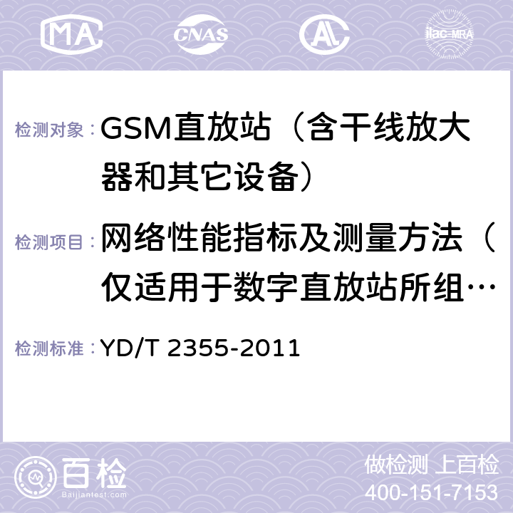 网络性能指标及测量方法（仅适用于数字直放站所组成的拉远系统） 900/1800MHz TDMA数字蜂窝移动通信网 数字直放站技术要求和测试方法 YD/T 2355-2011 9