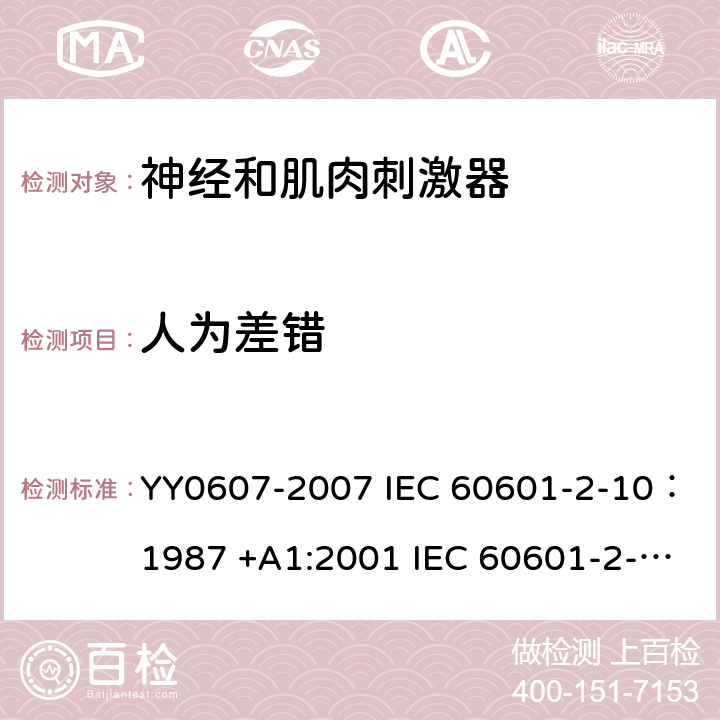 人为差错 医用电气设备--第2-10部分：神经和肌肉刺激器的基本安全和主要性能专用要求 YY0607-2007 IEC 60601-2-10：1987 +A1:2001 IEC 60601-2-10:2012 IEC 60601-2-10:2016 EN 60601-2-10:2001 EN 60601-2-10:2015 46.101