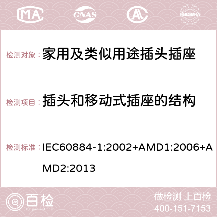 插头和移动式插座的结构 家用及类似用途插头插座第1部分:通用要求 IEC60884-1:2002+AMD1:2006+AMD2:2013 14