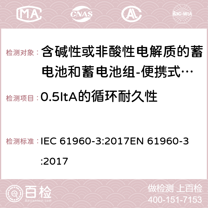 0.5ItA的循环耐久性 含碱性或非酸性电解质的蓄电池和蓄电池组-便携式锂电池和锂电池组-Part 3: 棱柱形和圆柱形锂电池和锂电池组 IEC 61960-3:2017
EN 61960-3:2017 7.6.3