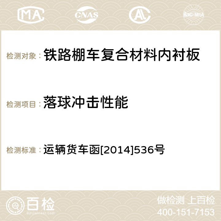 落球冲击性能 铁路棚车复合材料内衬板技术条件(暂行） 运辆货车函[2014]536号 附录A