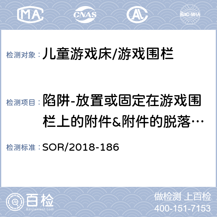 陷阱-放置或固定在游戏围栏上的附件&附件的脱落或移位 SOR/2018-18 儿童游戏床/游戏围栏法规 6 30 (1) & 30 (2) Schedule 15