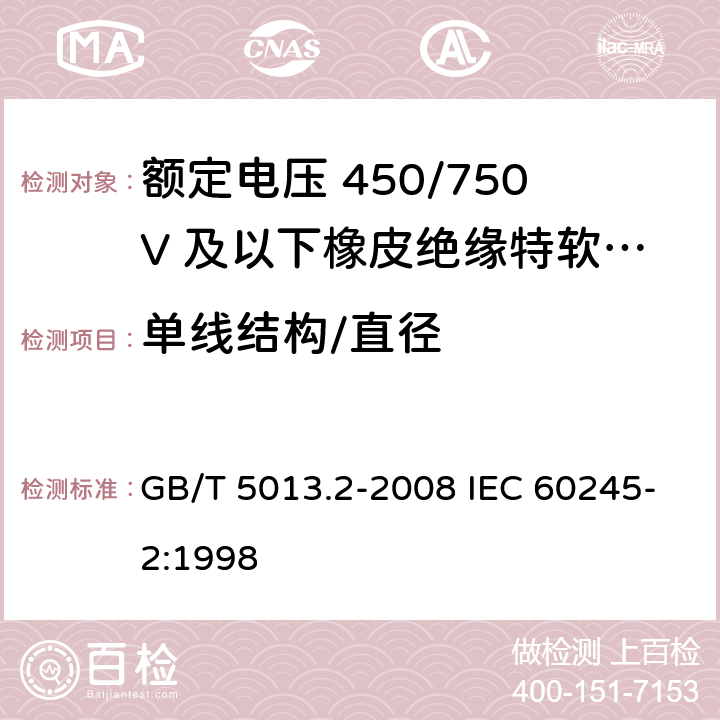 单线结构/直径 额定电压450/750V及以下橡皮绝缘电缆 第2部分：试验方法 GB/T 5013.2-2008 IEC 60245-2:1998 2.1