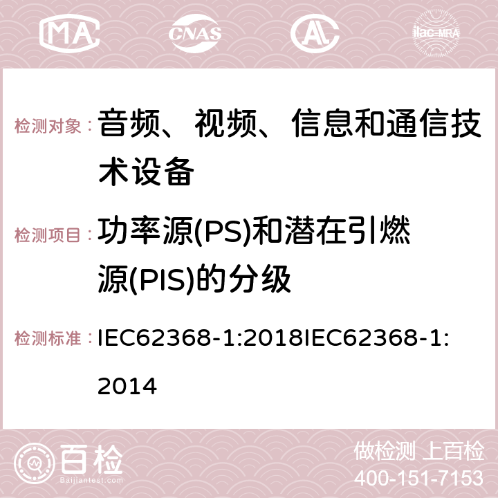 功率源(PS)和潜在引燃源(PIS)的分级 音频、视频、信息和通信技术设备 第1 部分：安全要求 IEC62368-1:2018
IEC62368-1:2014 6.2