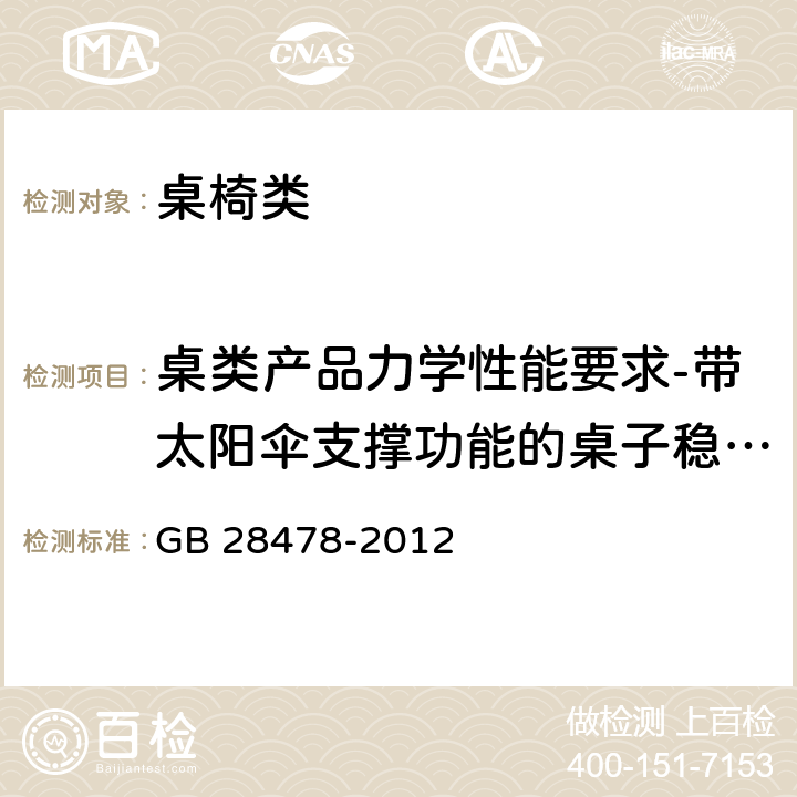 桌类产品力学性能要求-带太阳伞支撑功能的桌子稳定性 户外休闲家具安全性能要求 桌椅类产品 GB 28478-2012 6.5