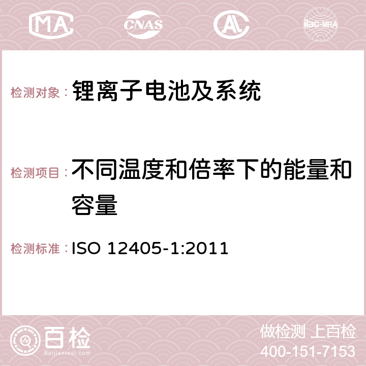 不同温度和倍率下的能量和容量 电动道路车辆--锂离子牵引电池组和系统的试验规范--第1部分：高功率应用 ISO 12405-1:2011 7.2