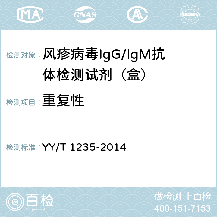重复性 YY/T 1235-2014 风疹病毒IgG/IgM抗体检测试剂(盒)