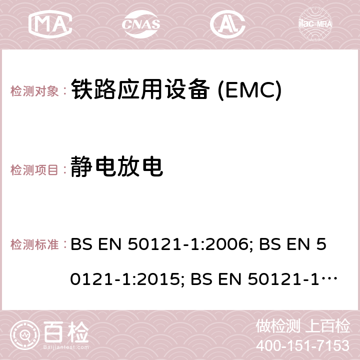 静电放电 铁路应用电磁兼容 总则 BS EN 50121-1:2006; BS EN 50121-1:2015; BS EN 50121-1:2017;