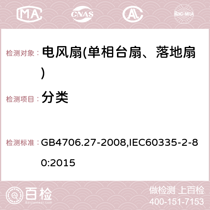 分类 家用和类似用途电器的安全第2部分：风扇特殊要求 GB4706.27-2008,IEC60335-2-80:2015 6