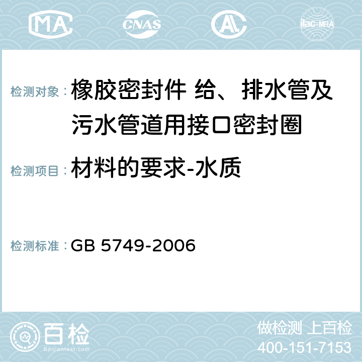 材料的要求-水质 GB 5749-2006 生活饮用水卫生标准