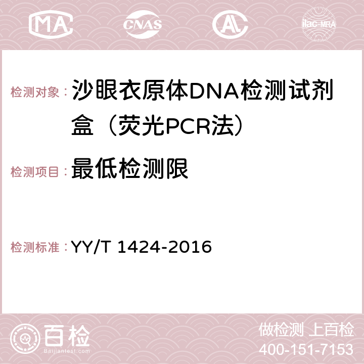 最低检测限 沙眼衣原体DNA检测试剂盒（荧光PCR法） YY/T 1424-2016 3.4