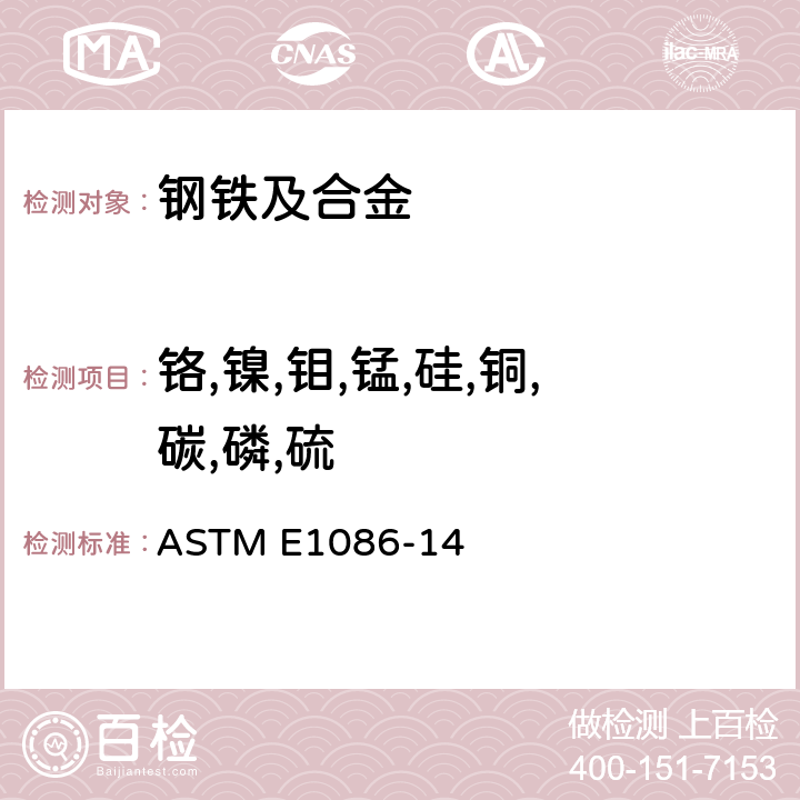 铬,镍,钼,锰,硅,铜,碳,磷,硫 奥氏体不锈钢 火花放电原子发射光谱分析标准试验方法 ASTM E1086-14