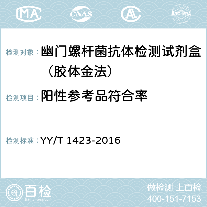 阳性参考品符合率 幽门螺杆菌抗体检测试剂盒（胶体金法） YY/T 1423-2016 3.2