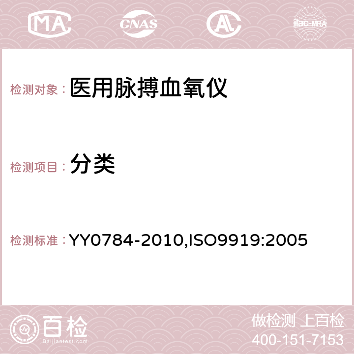 分类 医用电气设备 医用脉搏血氧仪设备 基本安全和主要性能专用要求 YY0784-2010,ISO9919:2005 5