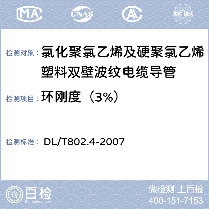 环刚度（3%） 电力电缆用导管技术条件 第4部分：氯化聚氯乙烯及硬聚氯乙烯塑料双壁波纹电缆导管 
 DL/T802.4-2007 5.4