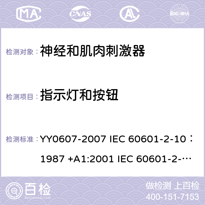 指示灯和按钮 医用电气设备--第2-10部分：神经和肌肉刺激器的基本安全和主要性能专用要求 YY0607-2007 IEC 60601-2-10：1987 +A1:2001 IEC 60601-2-10:2012 IEC 60601-2-10:2016 EN 60601-2-10:2001 EN 60601-2-10:2015 6.7