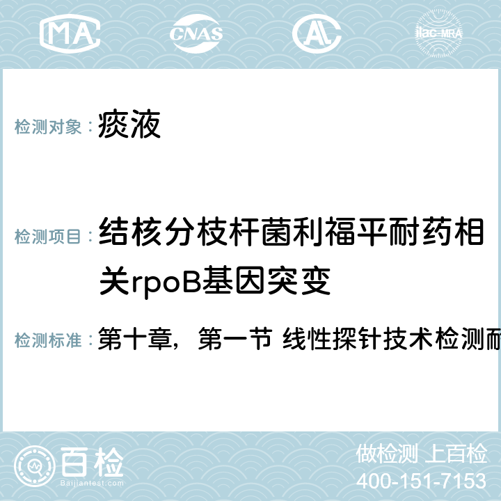 结核分枝杆菌利福平耐药相关rpoB基因突变 《结核病实验室检验规程》人民卫生出版社（2015） 第十章，第一节 线性探针技术检测耐药