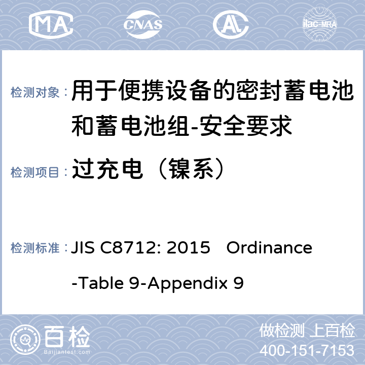 过充电（镍系） 用于便携设备的密封蓄电池和蓄电池组-安全要求 JIS C8712: 2015 Ordinance-Table 9-Appendix 9 cl 7.3.8
