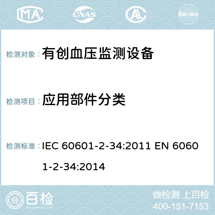 应用部件分类 医用电气设备 第2-34部分：有创血压监测设备的安全专用要求（包括基本性能) IEC 60601-2-34:2011 EN 60601-2-34:2014 201.8.3