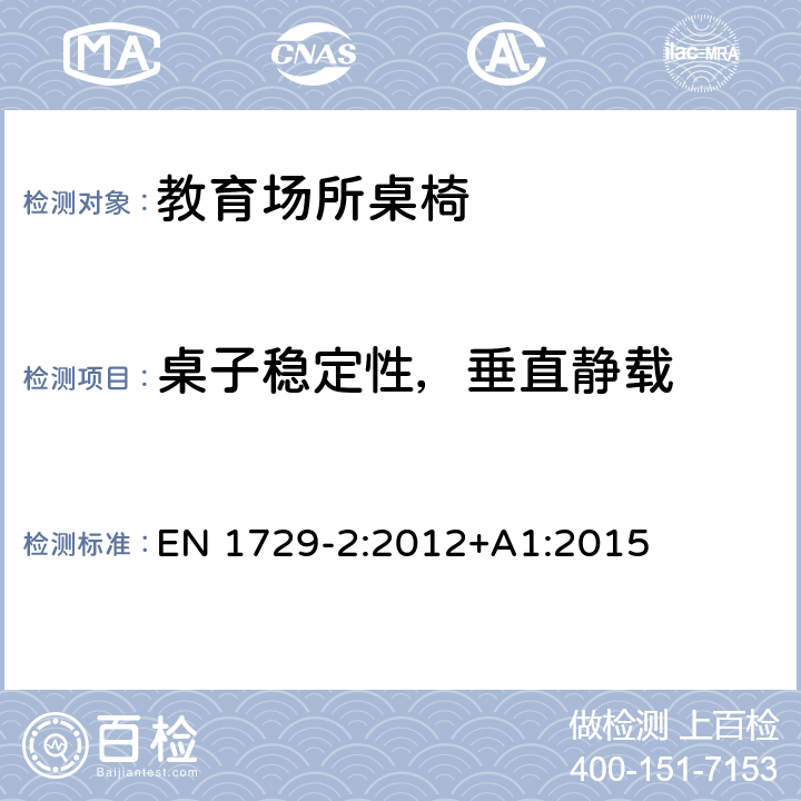 桌子稳定性，垂直静载 家具-教育场所桌椅 第二部分：安全要求和测试方法 EN 1729-2:2012+A1:2015 6.1.2 桌子稳定性，垂直静载