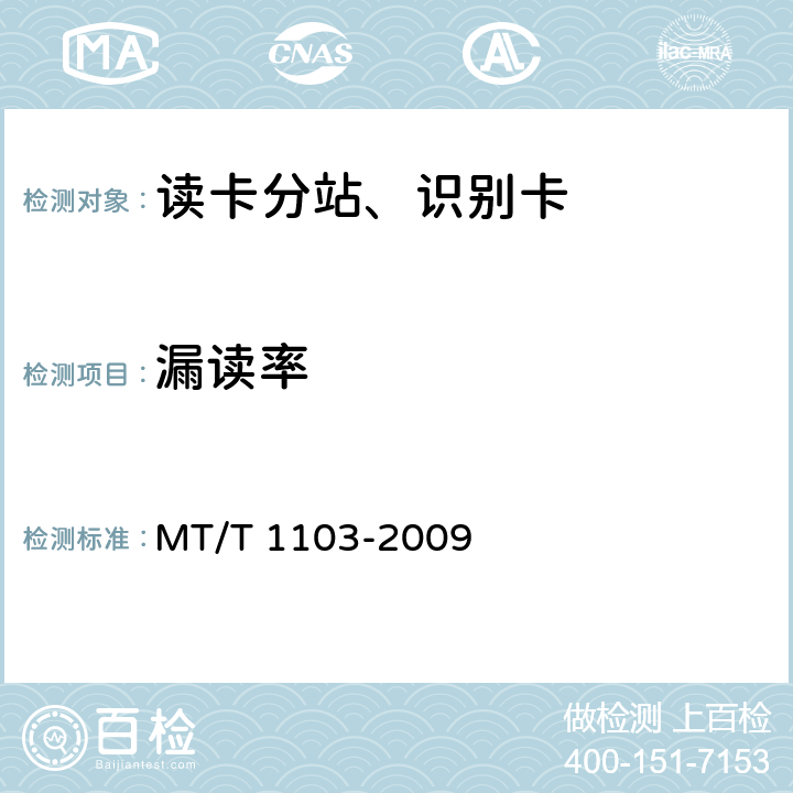 漏读率 T 1103-2009 井下移动目标标识卡及读卡器 MT/ 5.5.9