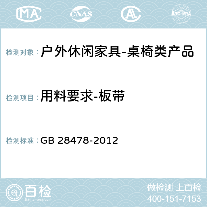 用料要求-板带 户外休闲家具安全性能要求-桌椅类家产品 GB 28478-2012 7.4