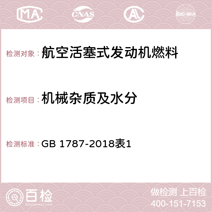 机械杂质及水分 目测法航空活塞式发动机燃料 GB 1787-2018表1