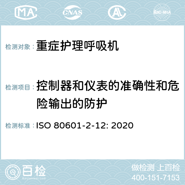 控制器和仪表的准确性和危险输出的防护 医用电气设备 第2-12部分：治疗呼吸机的基本安全和基本性能专用要求 ISO 80601-2-12: 2020 201.12