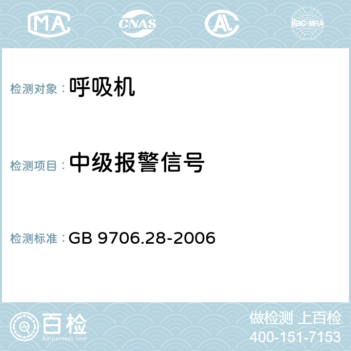 中级报警信号 医用电气设备 第2部分：呼吸机安全专用要求 治疗呼吸机 GB 9706.28-2006 50.101.8