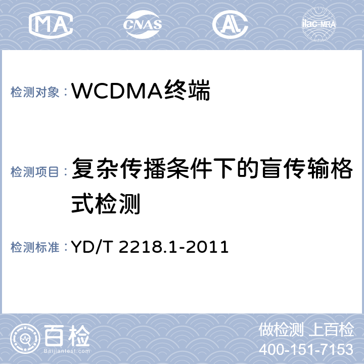 复杂传播条件下的盲传输格式检测 《2GHz WCDMA 数字蜂窝移动通信网 终端设备测试方法（第四阶段）第1部分：高速分组接入（HSPA）的基本功能、业务和性能测试》 YD/T 2218.1-2011 7.4.23