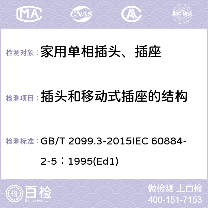 插头和移动式插座的结构 家用和类似用途插头插座第2-5部分:转换器的特殊要求 GB/T 2099.3-2015
IEC 60884-2-5：1995(Ed1) 14