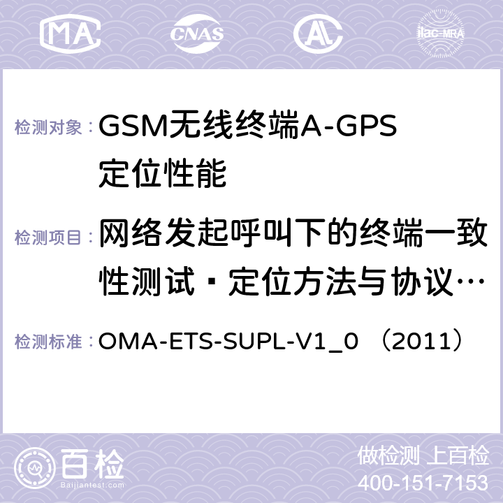 网络发起呼叫下的终端一致性测试—定位方法与协议的选择 OMA-ETS-SUPL-V1_0 （2011） 安全用户面定位业务引擎测试规范v1.0  5.1.5