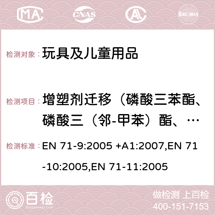 增塑剂迁移（磷酸三苯酯、磷酸三（邻-甲苯）酯、磷酸三（间-甲苯）酯、磷酸三（对-甲苯）酯） 玩具安全 第9部分 有机化学成分：要求,玩具安全 第10部分 有机化学成分：样品制备及提取, 玩具安全 第11部分 有机化学成分：分析方法 EN 71-9:2005 +A1:2007,EN 71-10:2005,EN 71-11:2005 表格4.4和2I 条款6.4 条款5.8