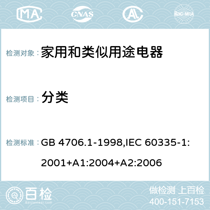 分类 家用和类似用途电器的安全 第1部分：通用要求 GB 4706.1-1998,IEC 60335-1:2001+A1:2004+A2:2006 6