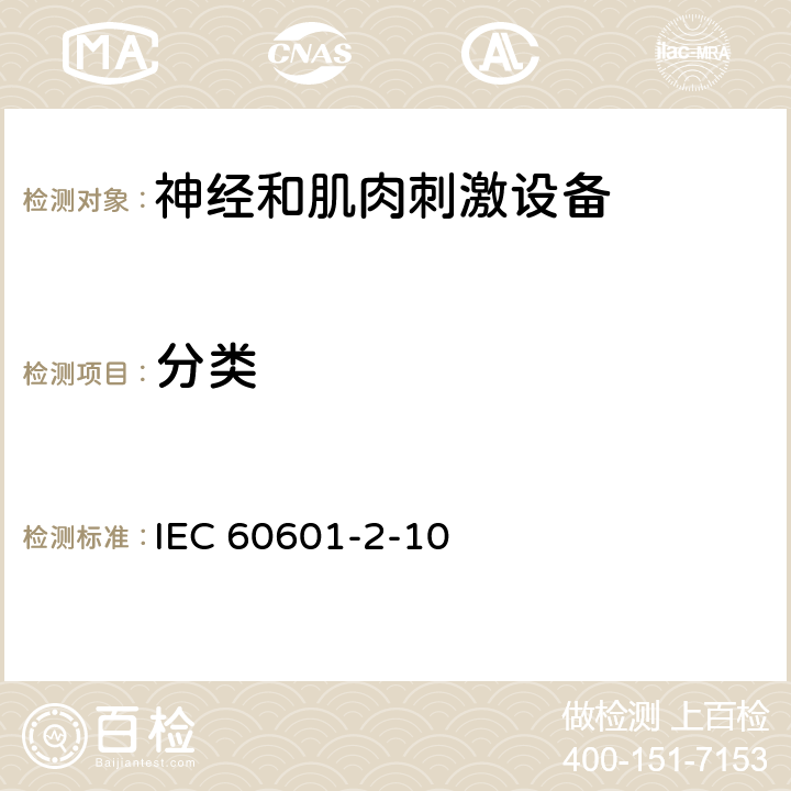 分类 医用电气设备 第2-10部分：神经和肌肉刺激器基本安全和基本性能专用要求 IEC 60601-2-10:2012+A1：2016 EN 60601-2-10:2015+A1：2016 IEC 60601-2-10 201.7