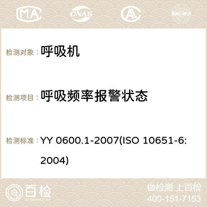 呼吸频率报警状态 医用呼吸机基本安全和主要性能专用要求 第1部分：家用呼吸支持设备 YY 0600.1-2007(ISO 10651-6:2004) 51.105