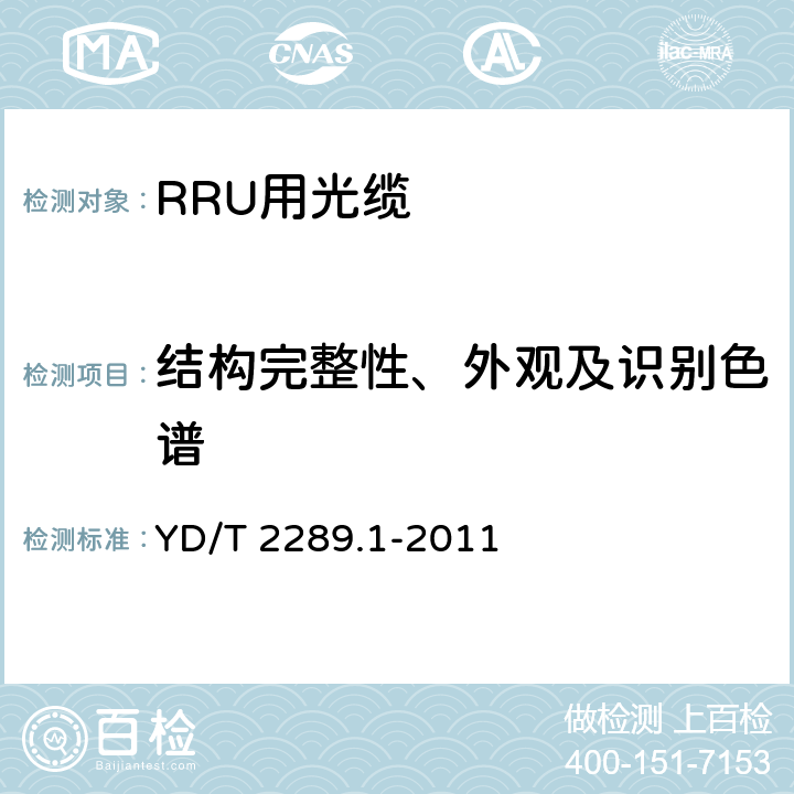 结构完整性、外观及识别色谱 无线射频拉远单元（RRU）用线缆 第1部分:光缆 YD/T 2289.1-2011