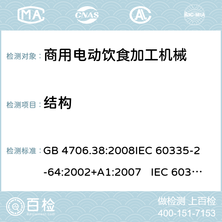 结构 商用电动饮食加工机械的特殊要求 GB 4706.38:2008
IEC 60335-2-64:2002+A1:2007 IEC 60335-2-64:2002+A1:2007+A2:2017 
EN 60335-2-64:2000+A1:2002
AS/NZS 60335.2.64:2000+ A1:2009 22