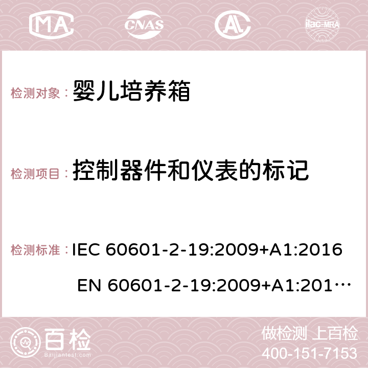 控制器件和仪表的标记 医用电气设备 婴儿培养箱的基本安全和基本性能的特殊要求 IEC 60601-2-19:2009+A1:2016 EN 60601-2-19:2009+A1:2016+A11:2 201.7.4