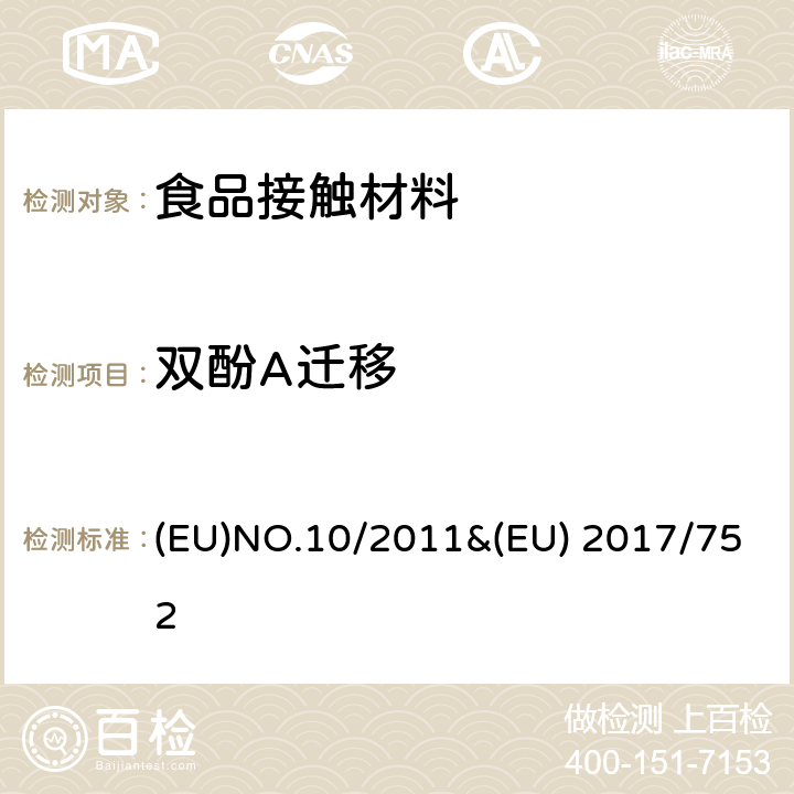 双酚A迁移 EUNO.10/2011 欧盟委员会管理规则 接触食品的材料和制品 (EU)NO.10/2011&(EU) 2017/752