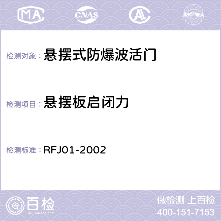 悬摆板启闭力 《人民防空工程防护设备产品质量检验与施工验收标准》 RFJ01-2002 （3.4.6.1）