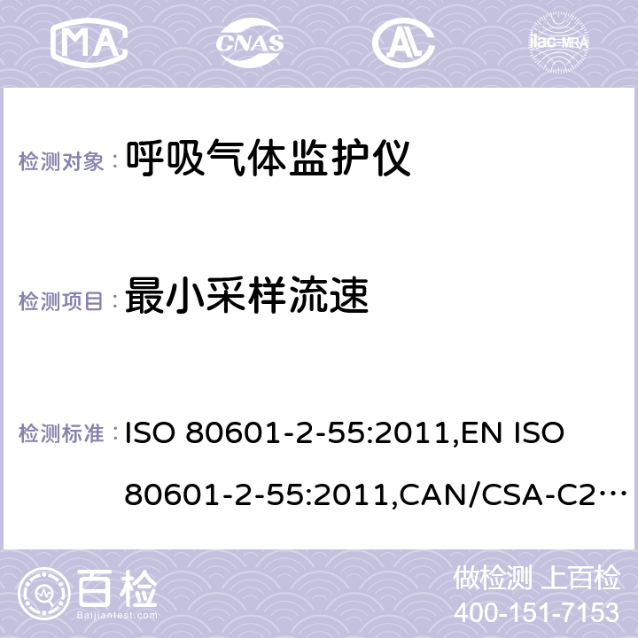 最小采样流速 CAN/CSA-C22.2 NO.80601 医用电气设备 第2-55部分：呼吸气体监护仪基本性能和基本安全专用要求 ISO 80601-2-55:2011,EN ISO 80601-2-55:2011,CAN/CSA-C22.2 No.80601-2-55:14 201.104